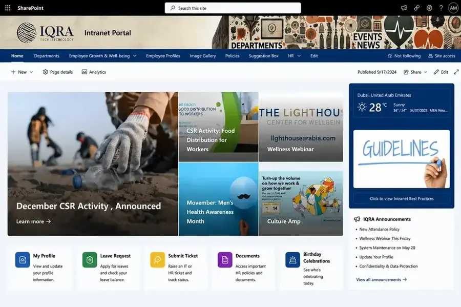 SharePoint Online intranet portal built by Iqra Technology — role-based news and documents (case study)